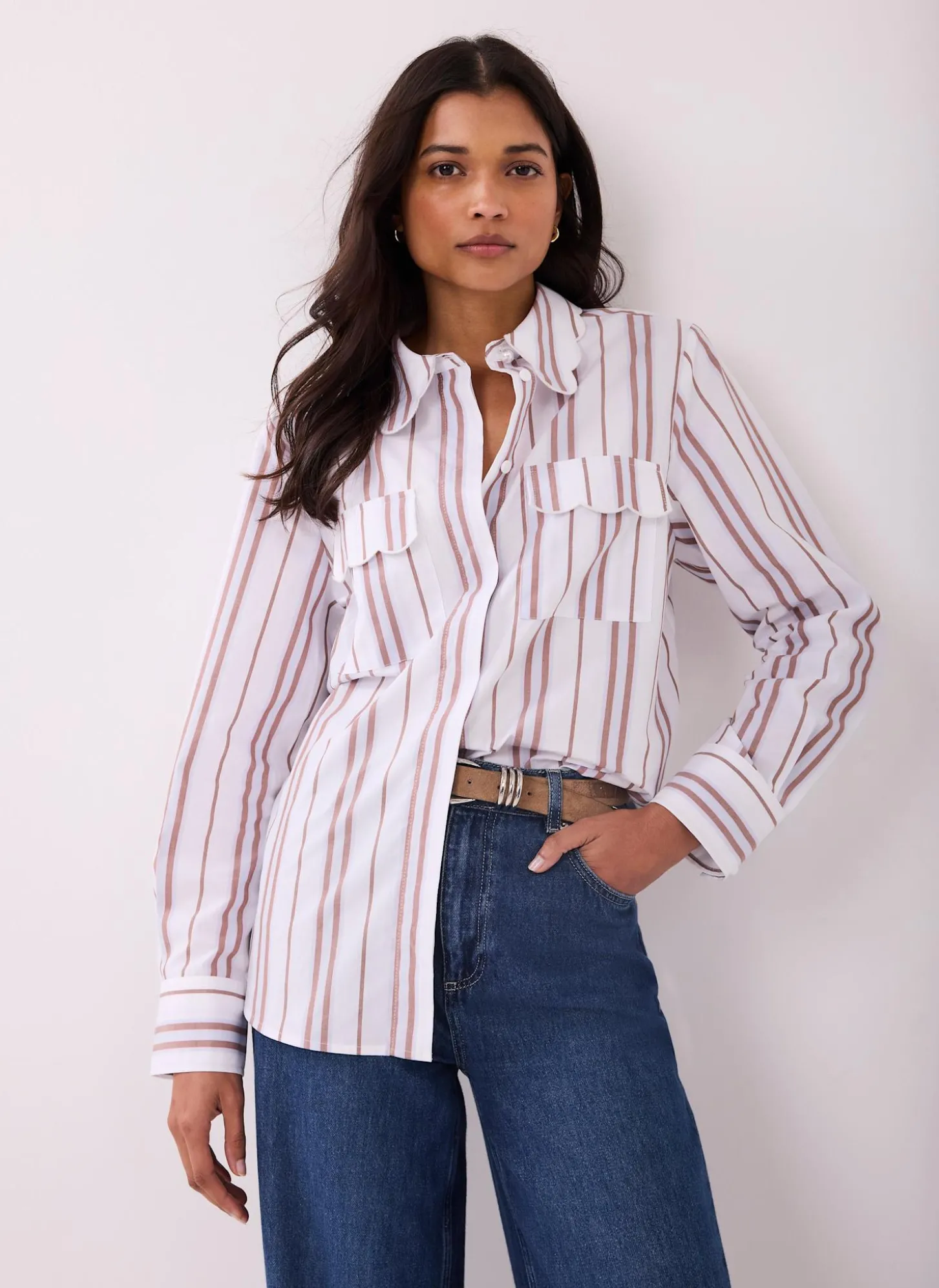 Brown Striped Cotton Scallop Detail Shirt