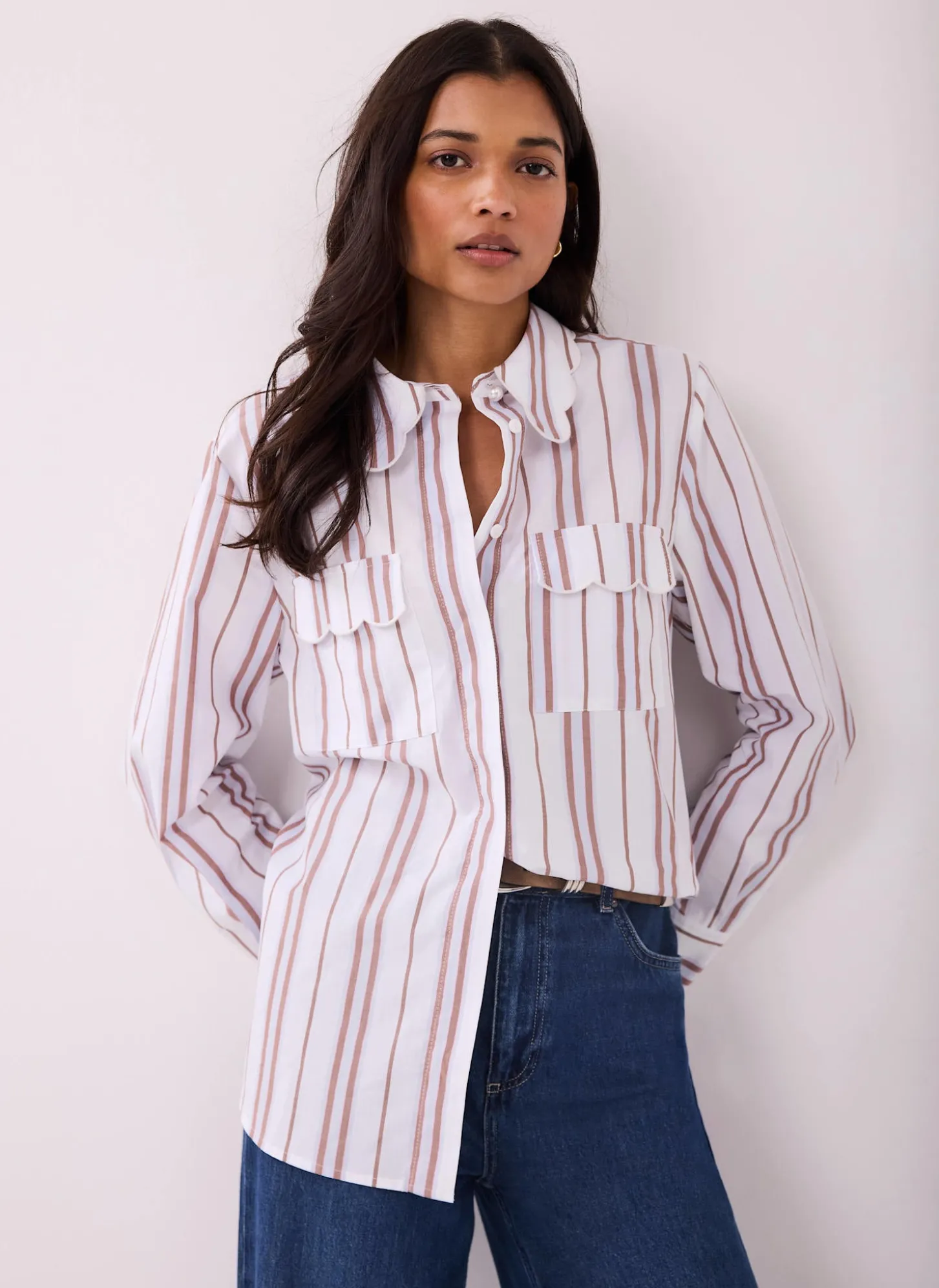 Brown Striped Cotton Scallop Detail Shirt