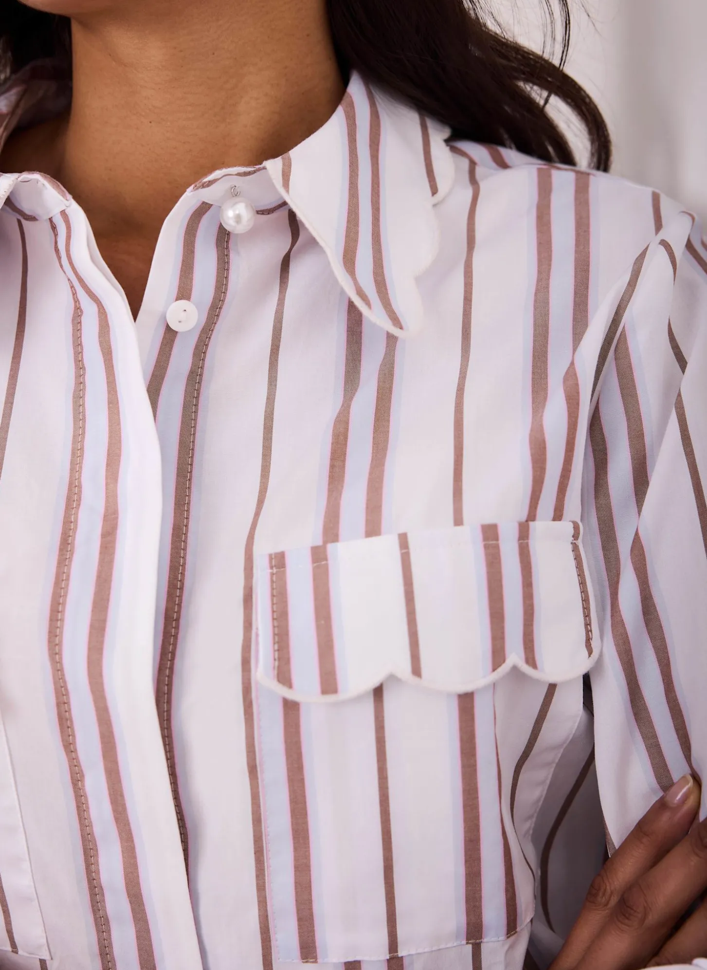 Brown Striped Cotton Scallop Detail Shirt
