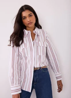 Brown Striped Cotton Scallop Detail Shirt