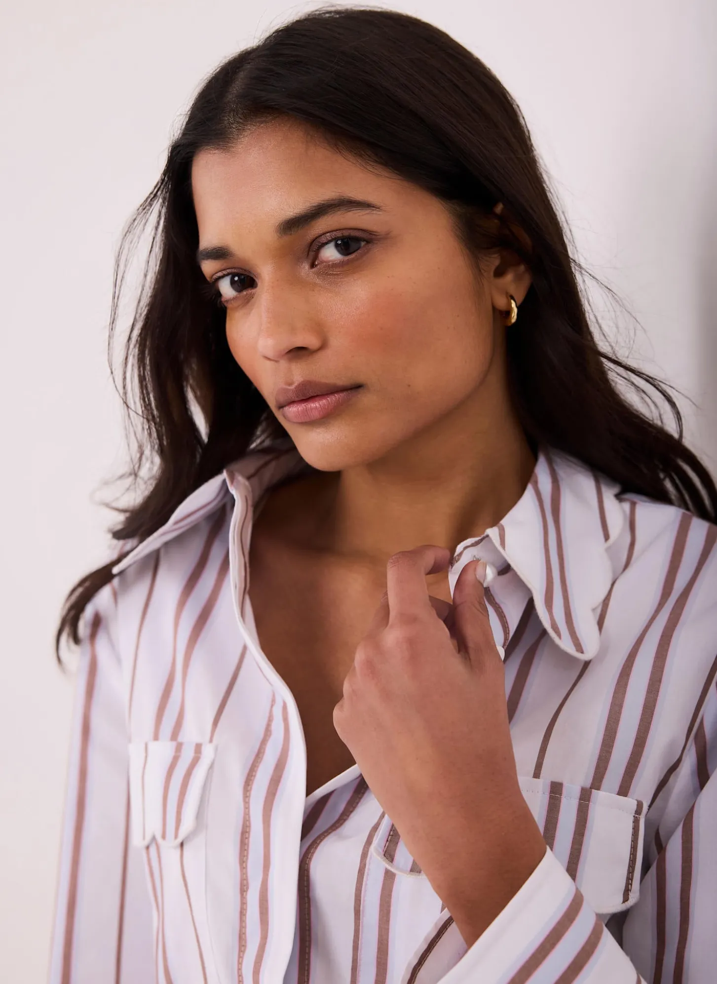 Brown Striped Cotton Scallop Detail Shirt