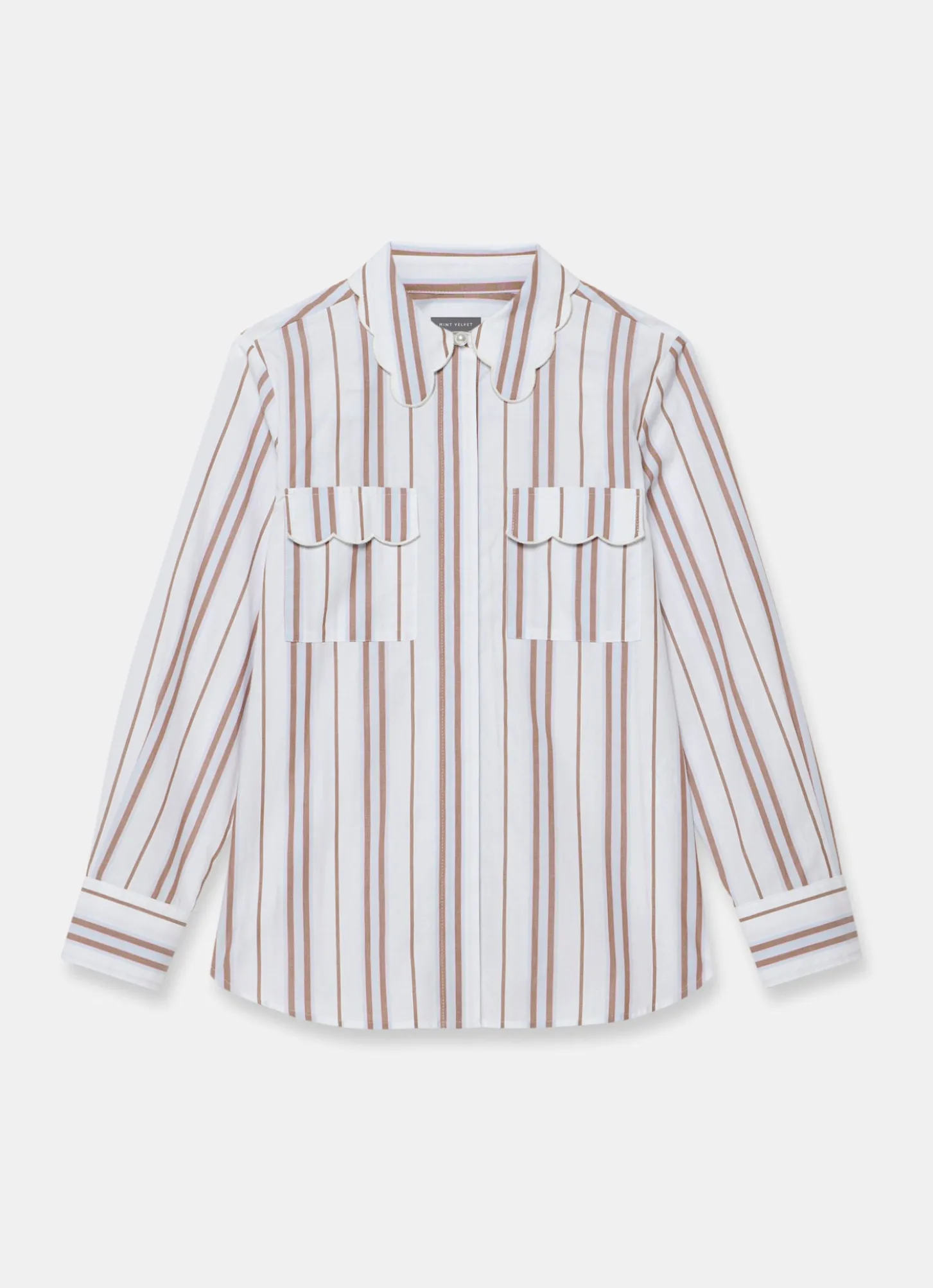 Brown Striped Cotton Scallop Detail Shirt