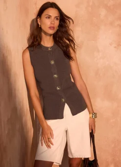 Brown Sunray Button Knit Sleeveless Top