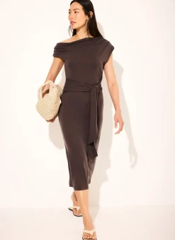 Brown Tie Detail Midi Dress