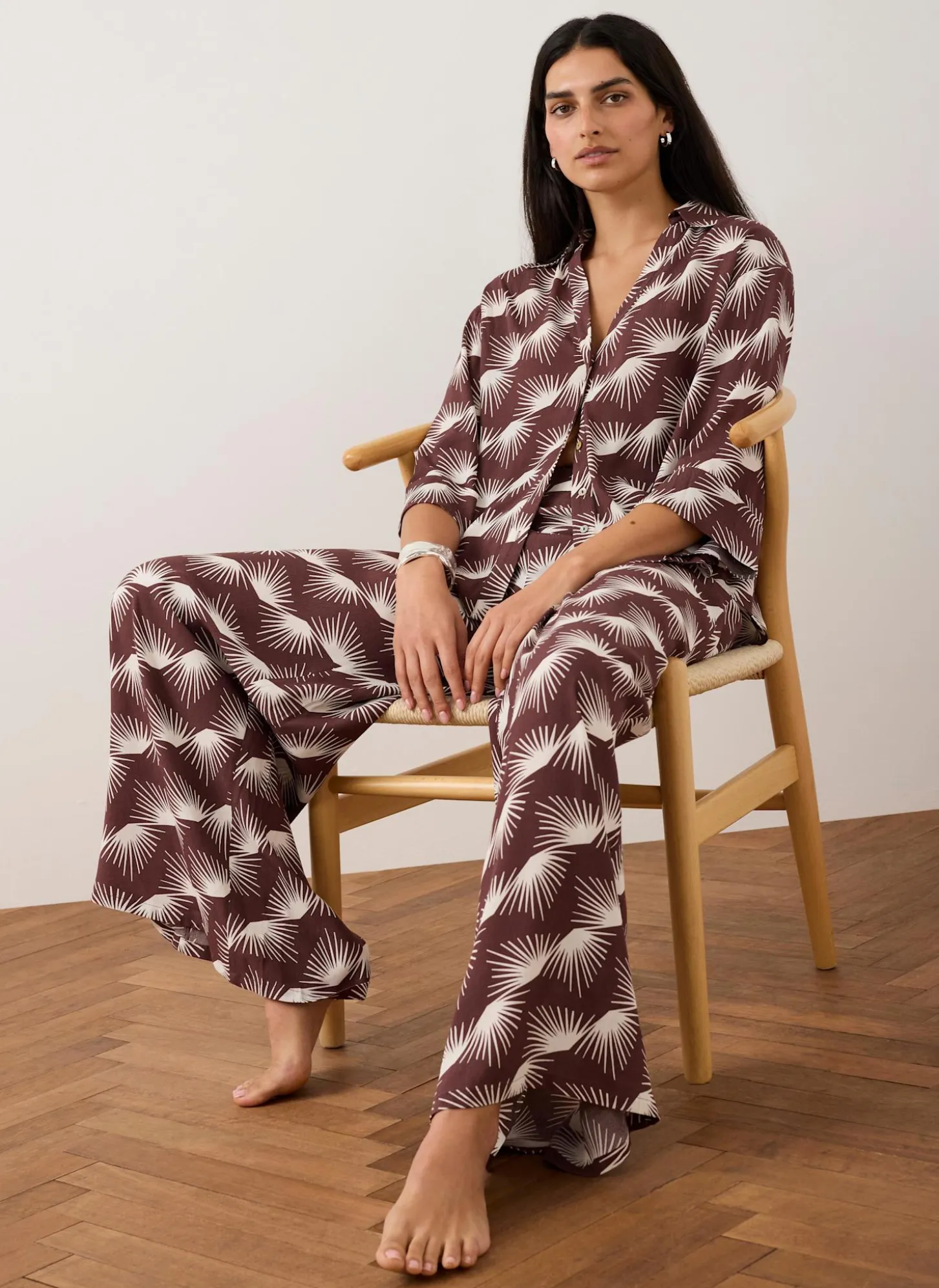 Burgundy Graphic Print Wide Leg Trousers
