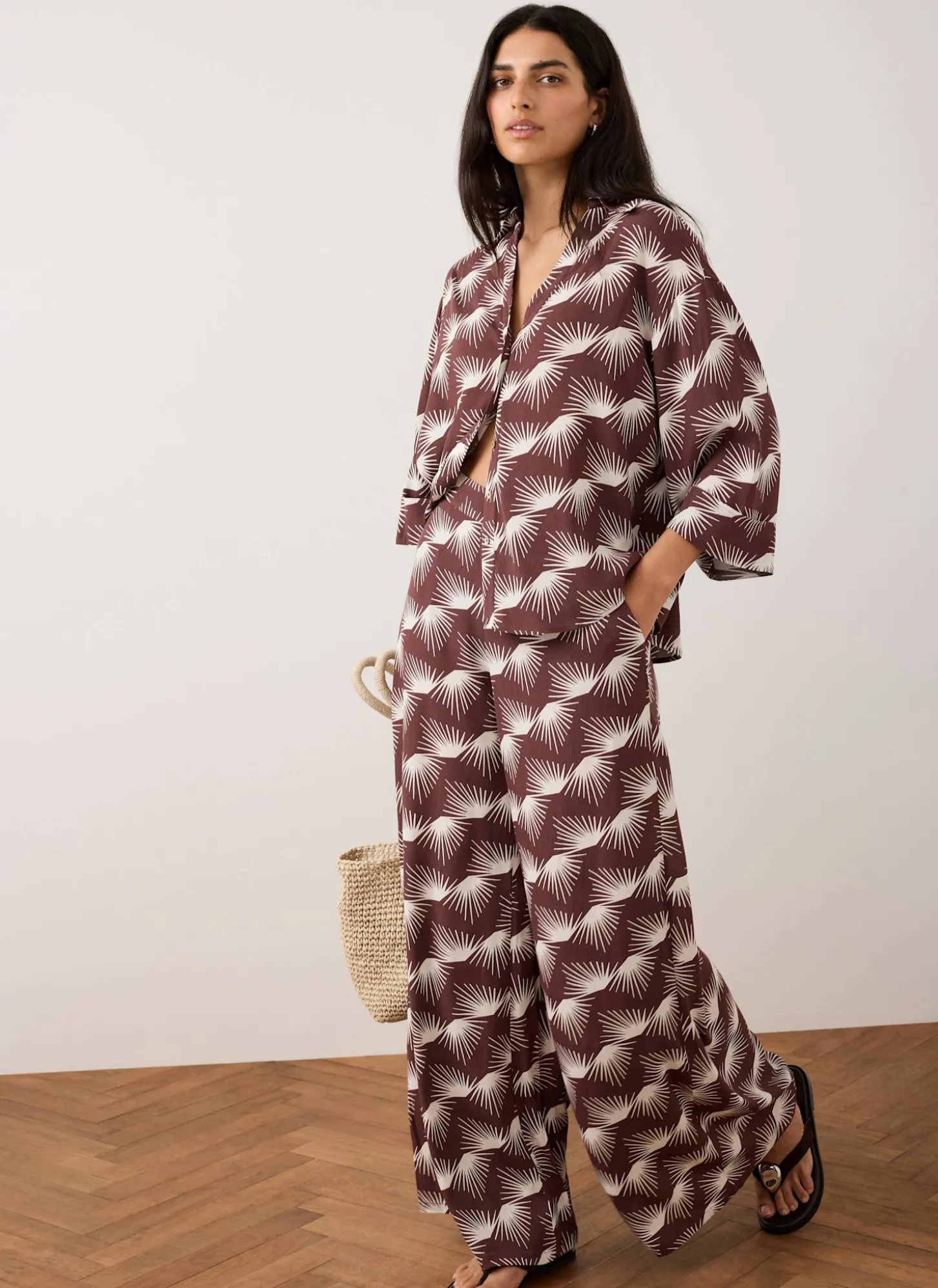 Burgundy Graphic Print Wide Leg Trousers