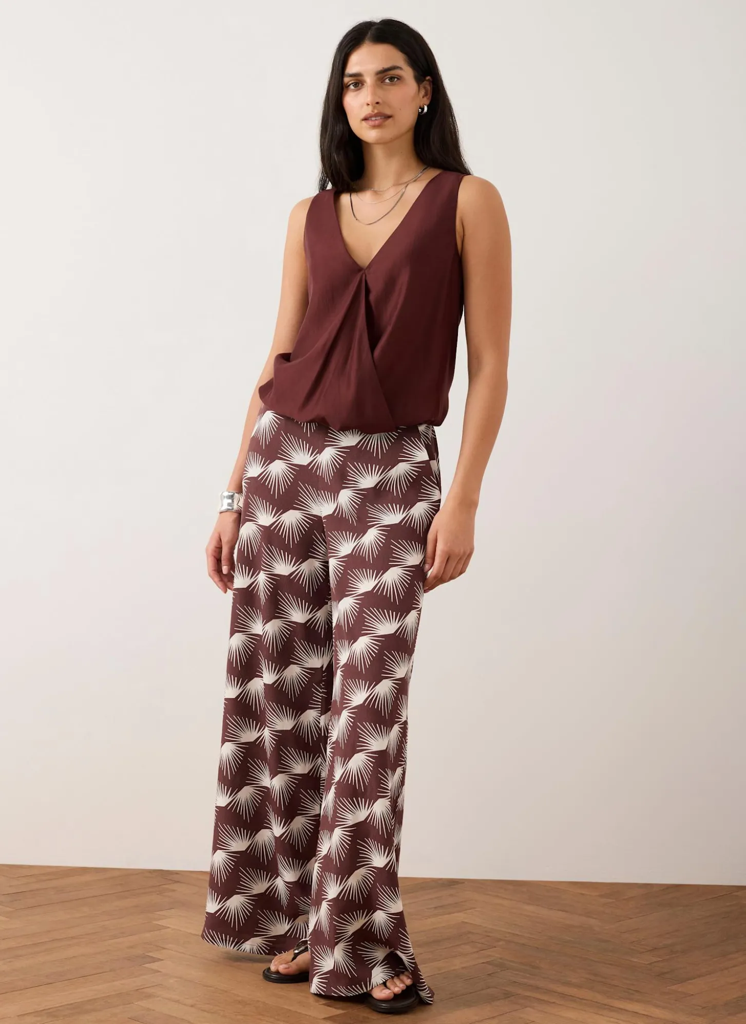 Burgundy Graphic Print Wide Leg Trousers