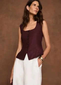 Burgundy Linen Blend Peplum Waistcoat