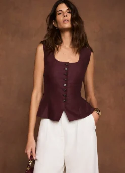 Burgundy Linen Blend Peplum Waistcoat