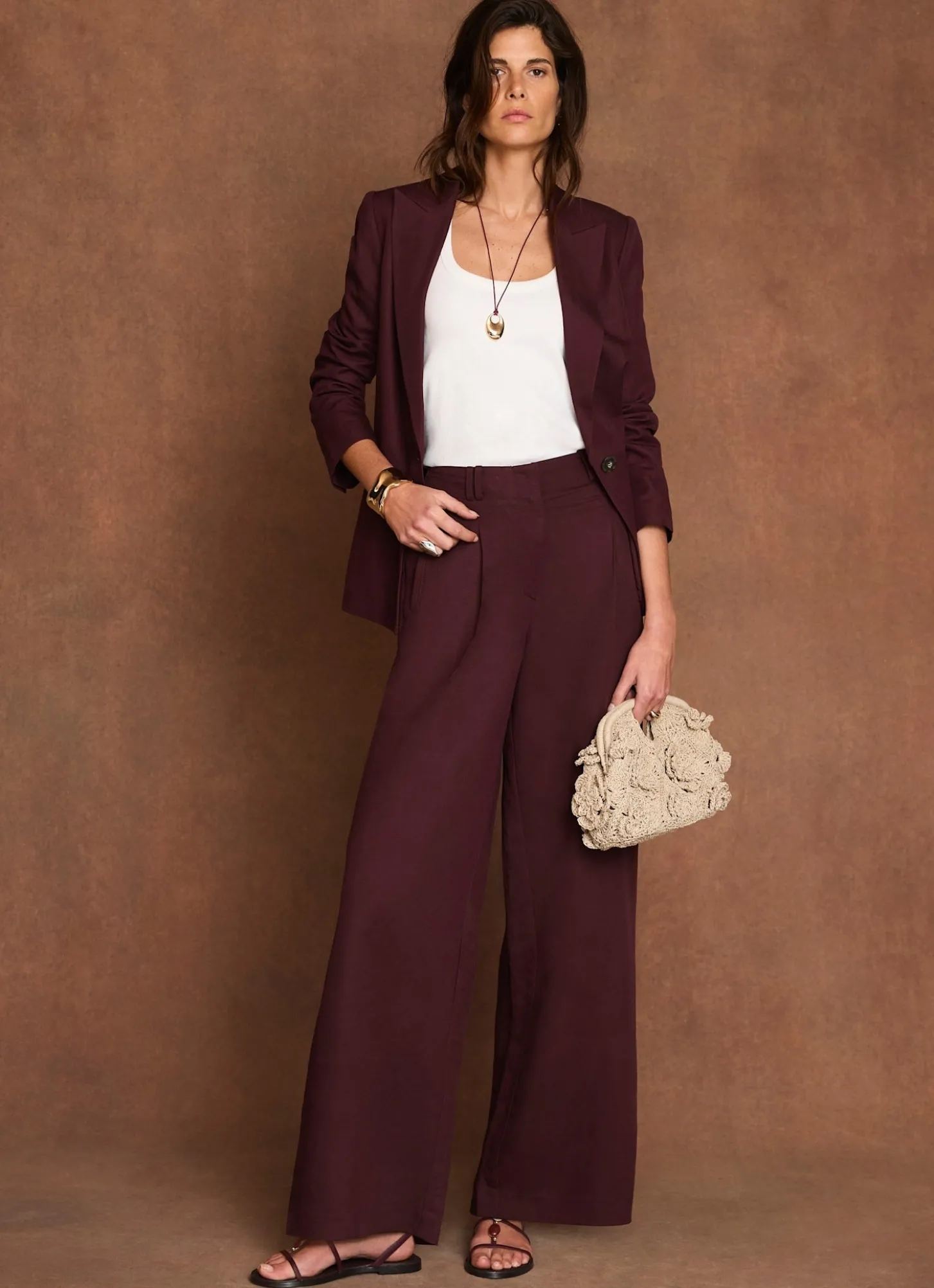 Burgundy Linen Blend Single Breasted Blazer