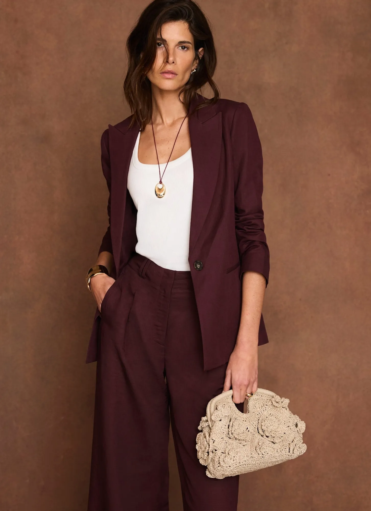 Burgundy Linen Blend Single Breasted Blazer