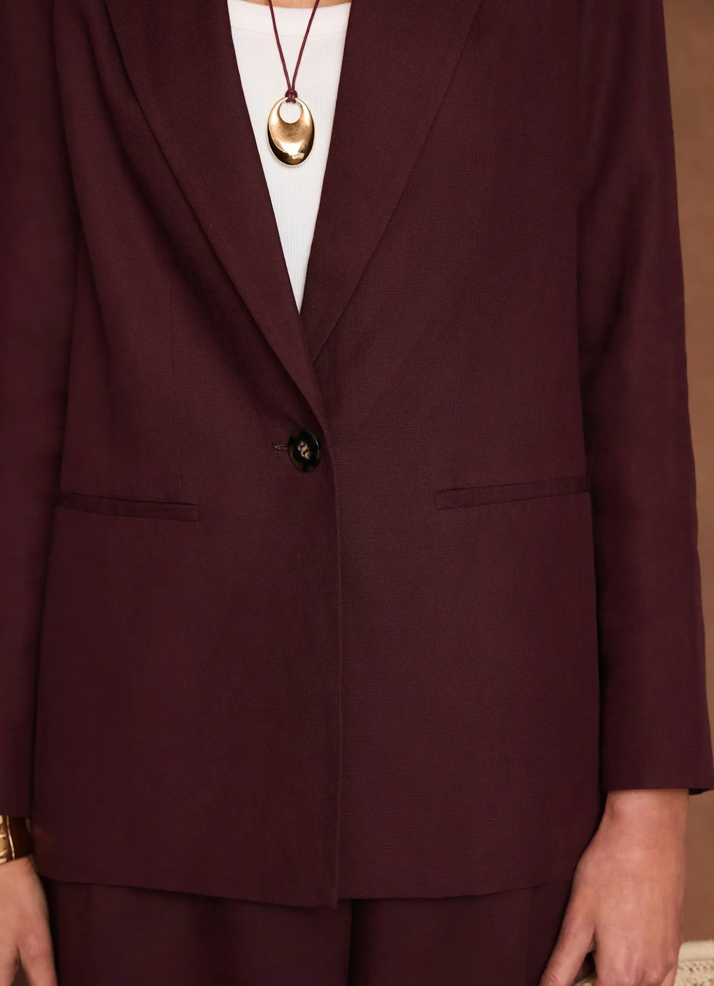Burgundy Linen Blend Single Breasted Blazer