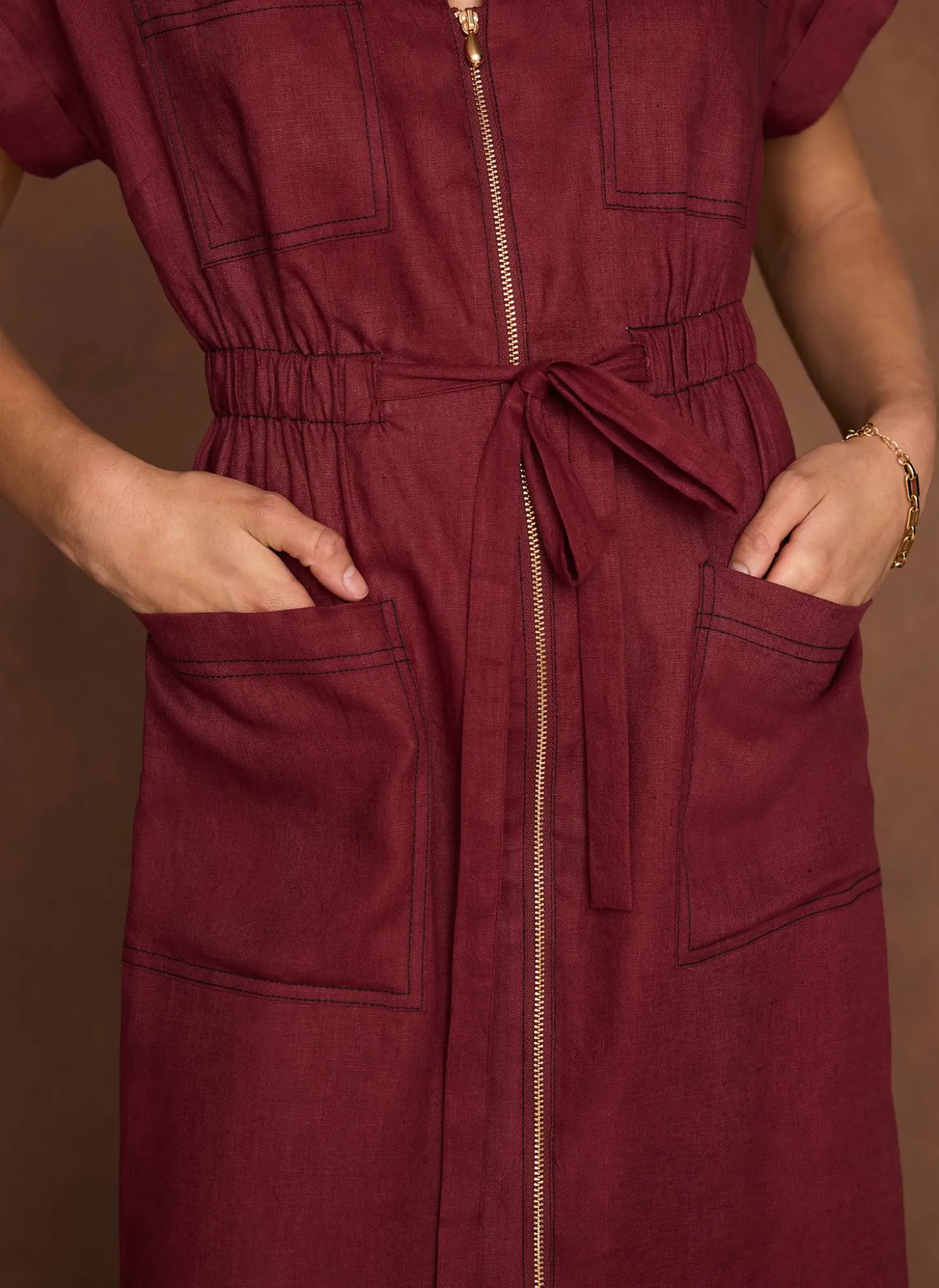 Burgundy Linen Midi Shirt Dress