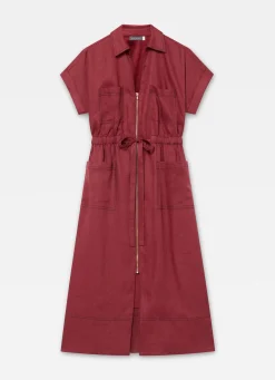 Burgundy Linen Midi Shirt Dress