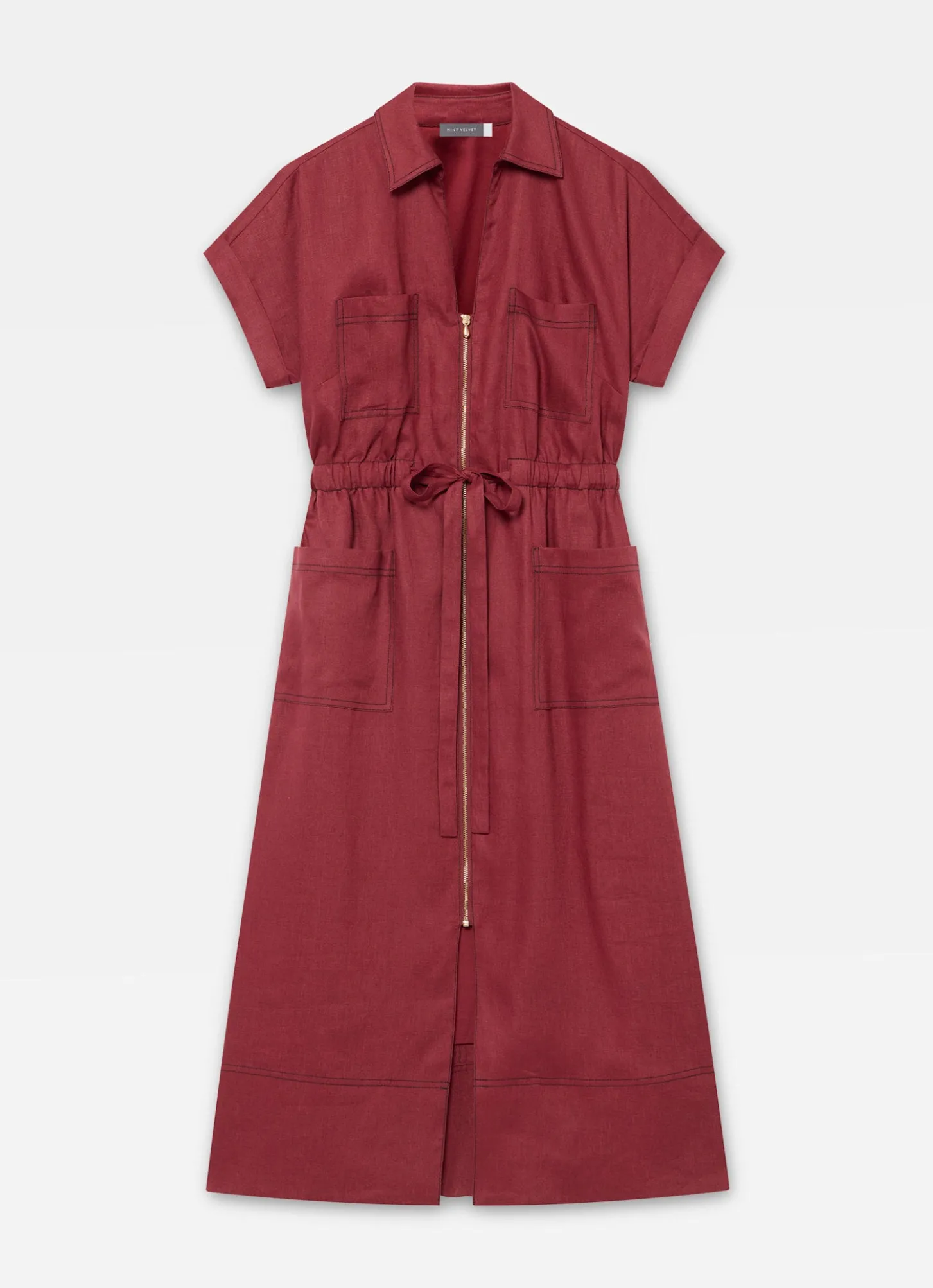 Burgundy Linen Midi Shirt Dress