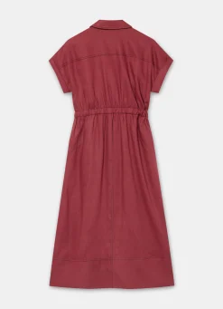 Burgundy Linen Midi Shirt Dress