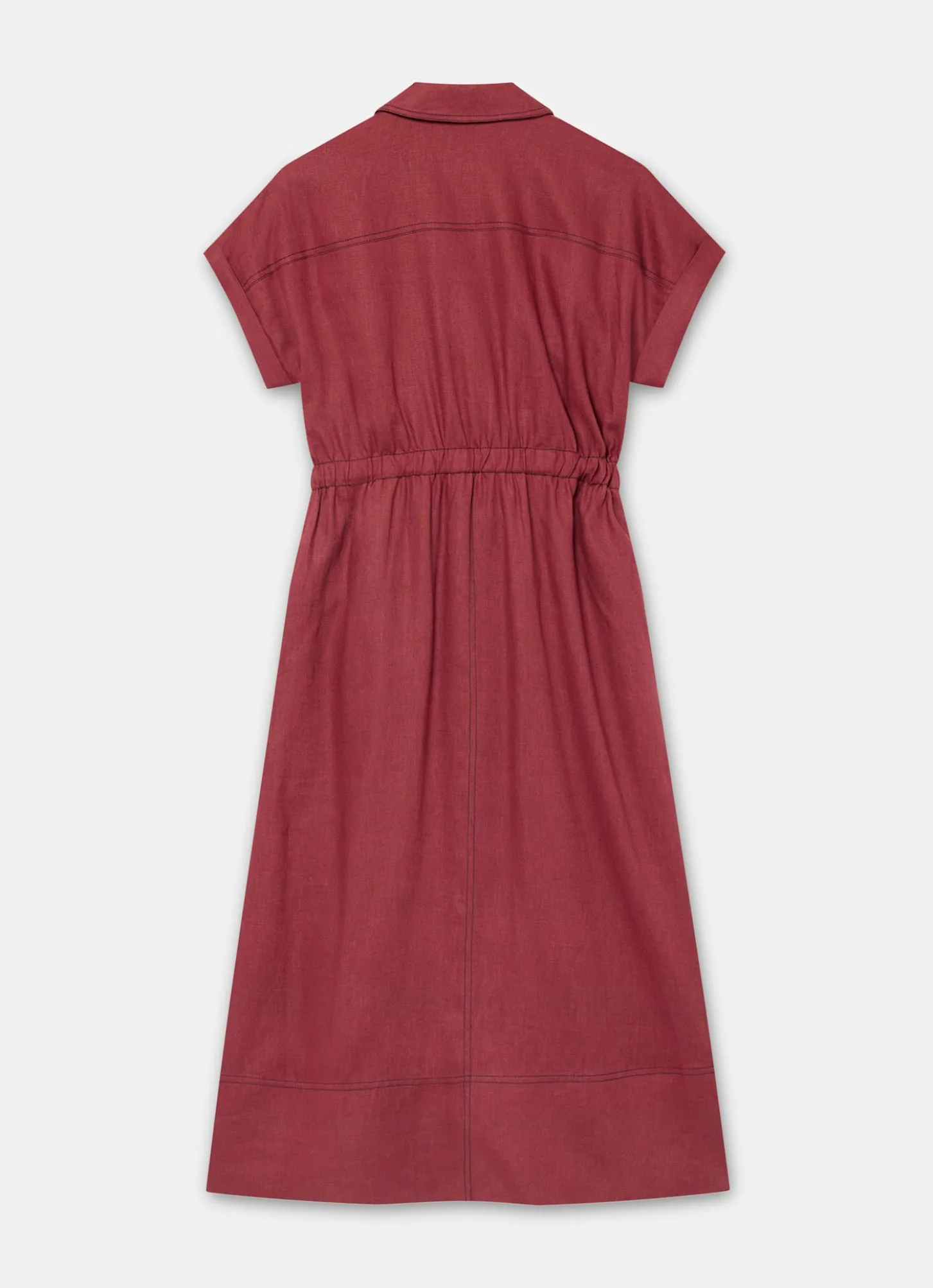 Burgundy Linen Midi Shirt Dress