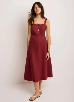 Burgundy Linen Scallop Trim Midi Dress
