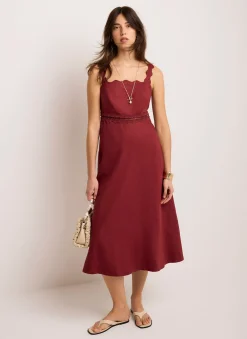 Burgundy Linen Scallop Trim Midi Dress