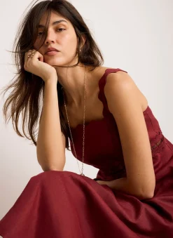 Burgundy Linen Scallop Trim Midi Dress