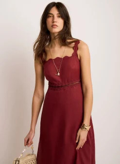 Burgundy Linen Scallop Trim Midi Dress