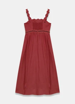 Burgundy Linen Scallop Trim Midi Dress