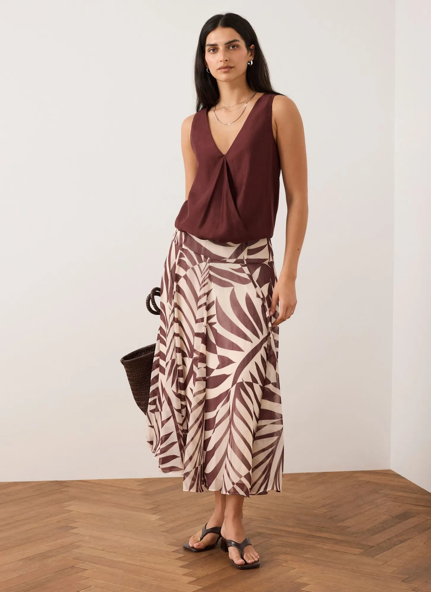 Burgundy Palm Print Maxi Skirt