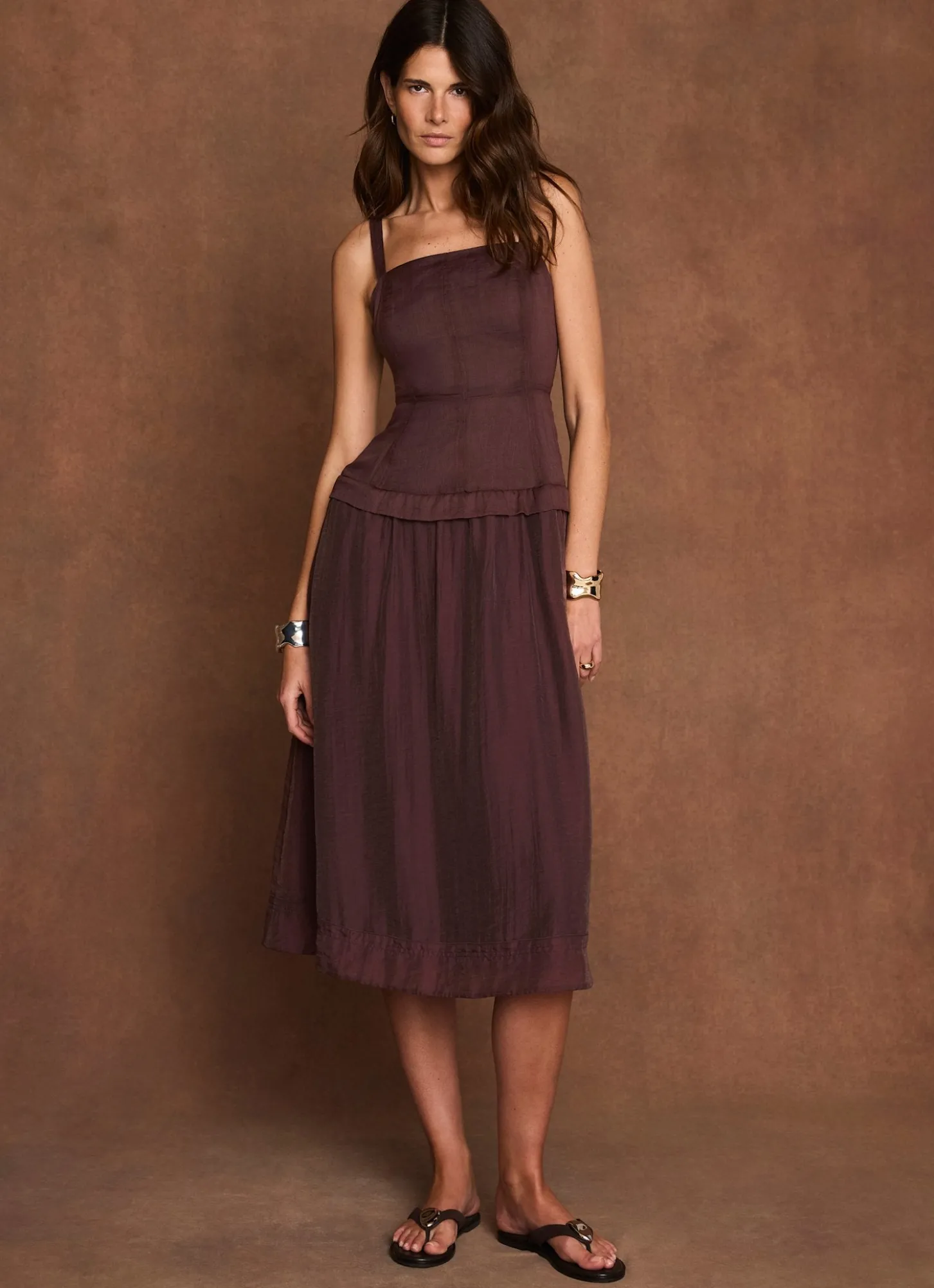 Burgundy Ramie Drop Waist Midi Dress