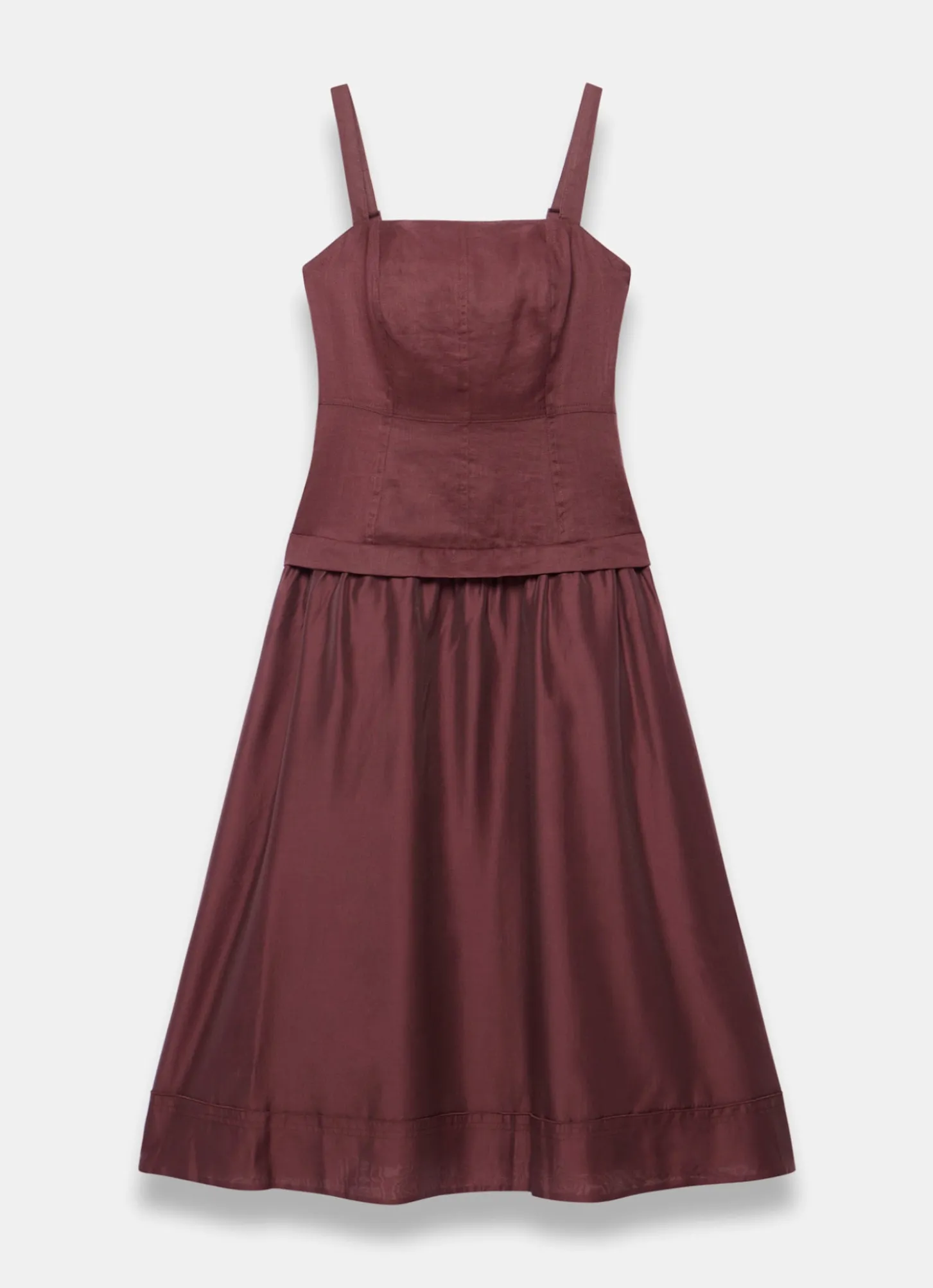 Burgundy Ramie Drop Waist Midi Dress