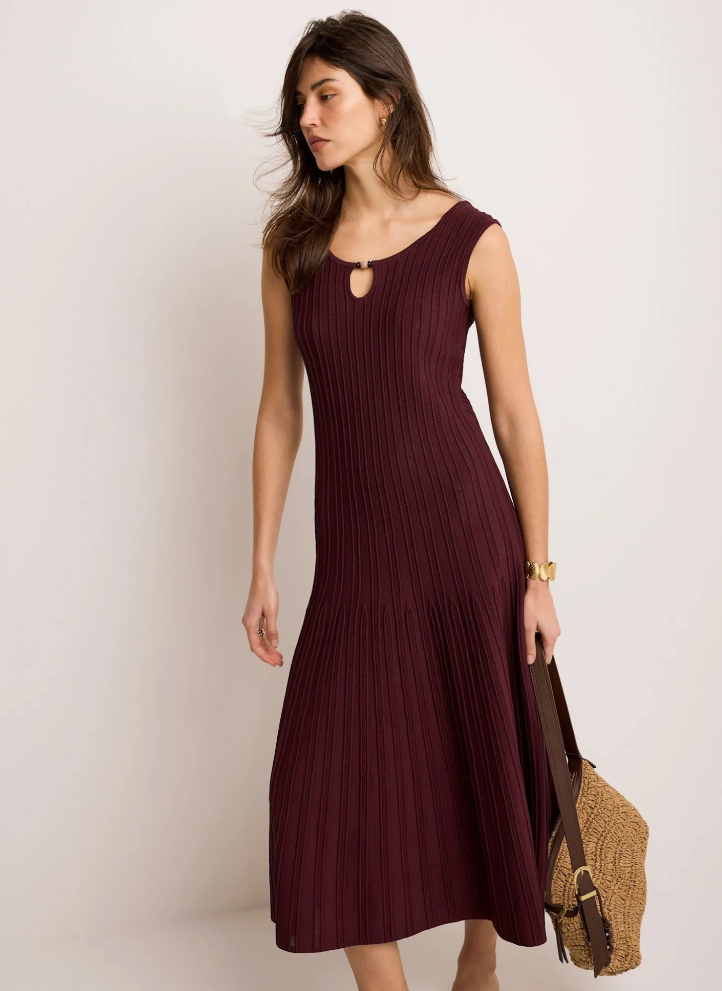 Burgundy Ribbed Beaded Midi Dress