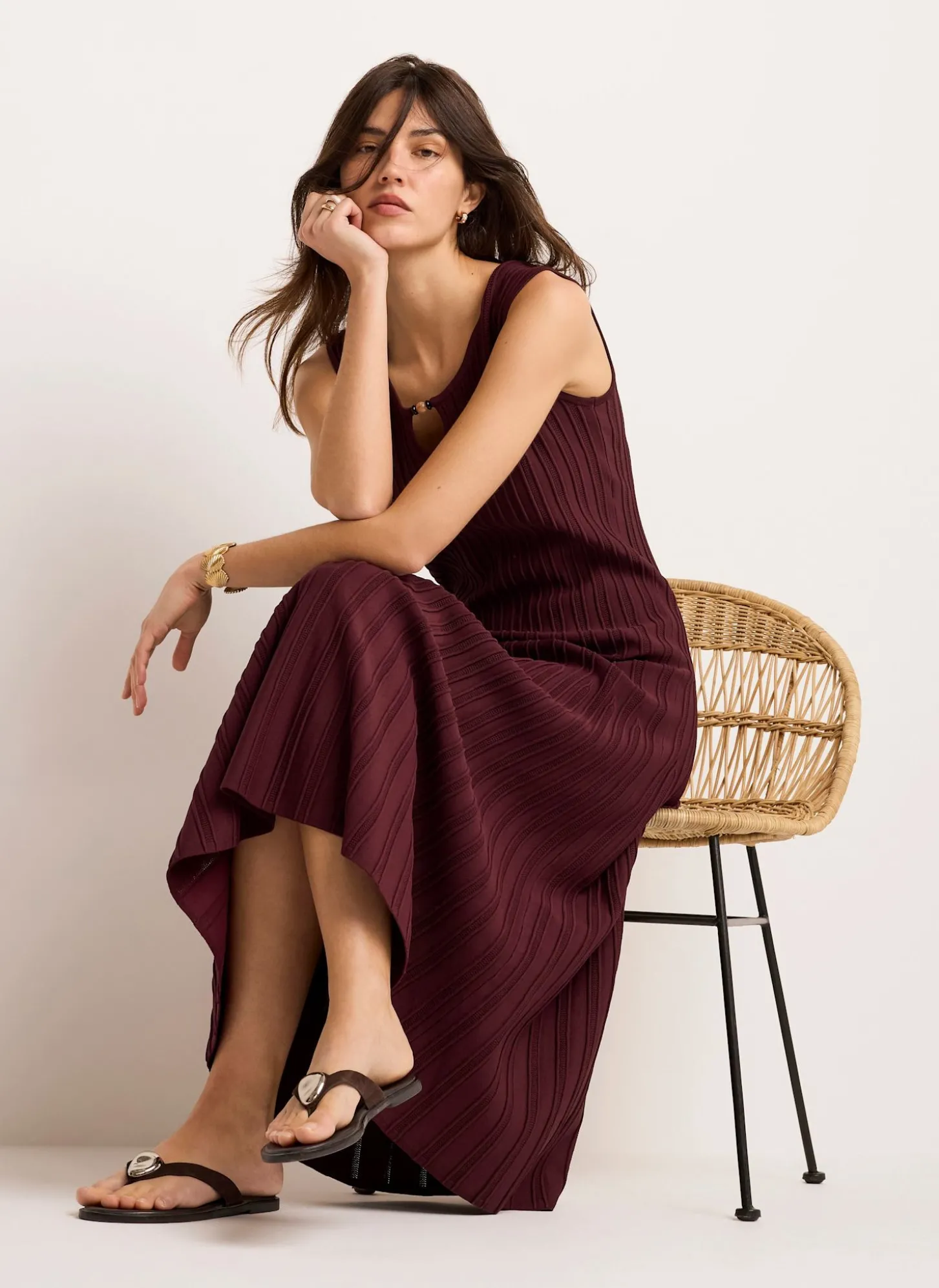 Burgundy Ribbed Beaded Midi Dress