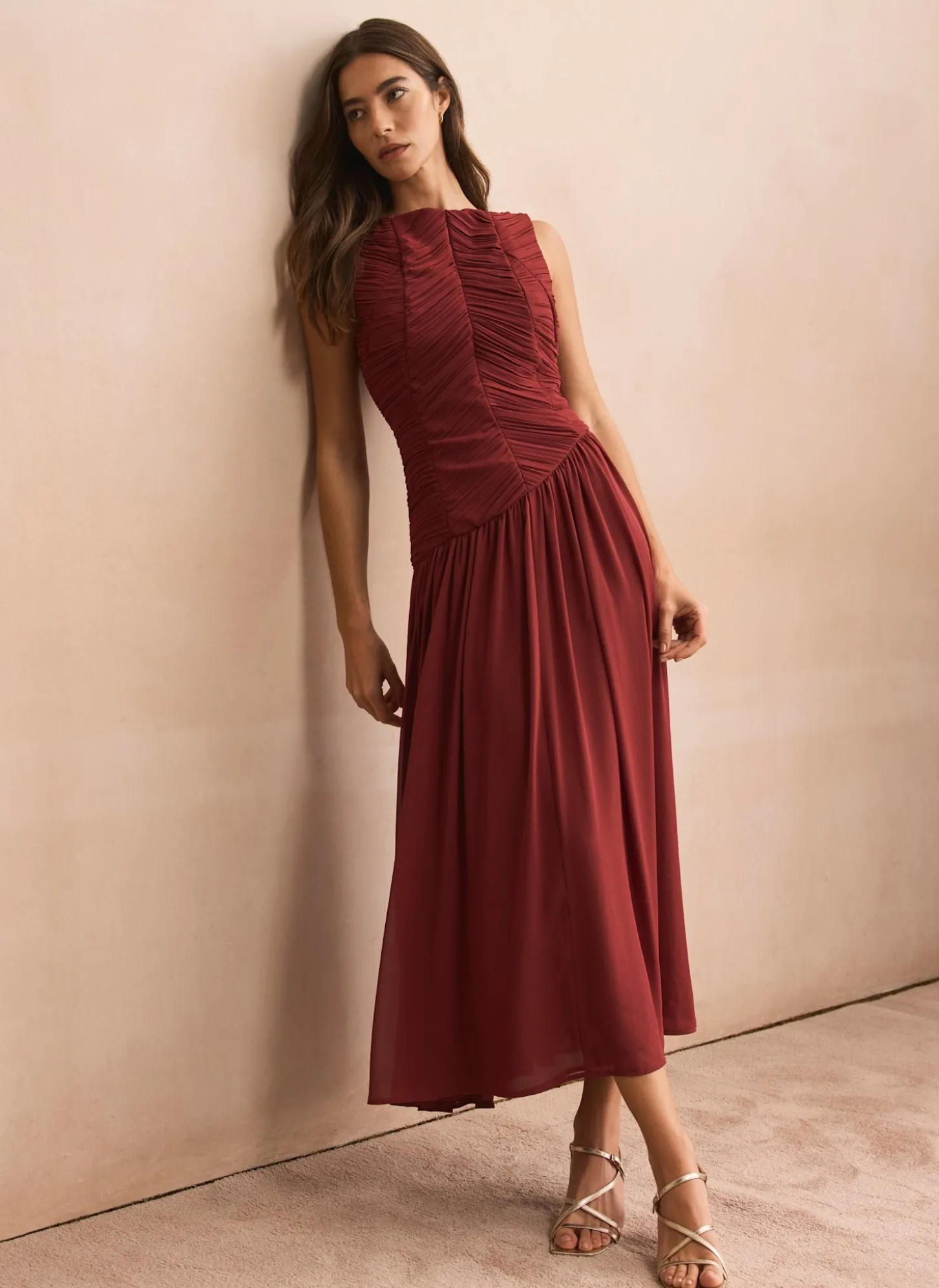 Burgundy Ruched Detail Maxi Dress