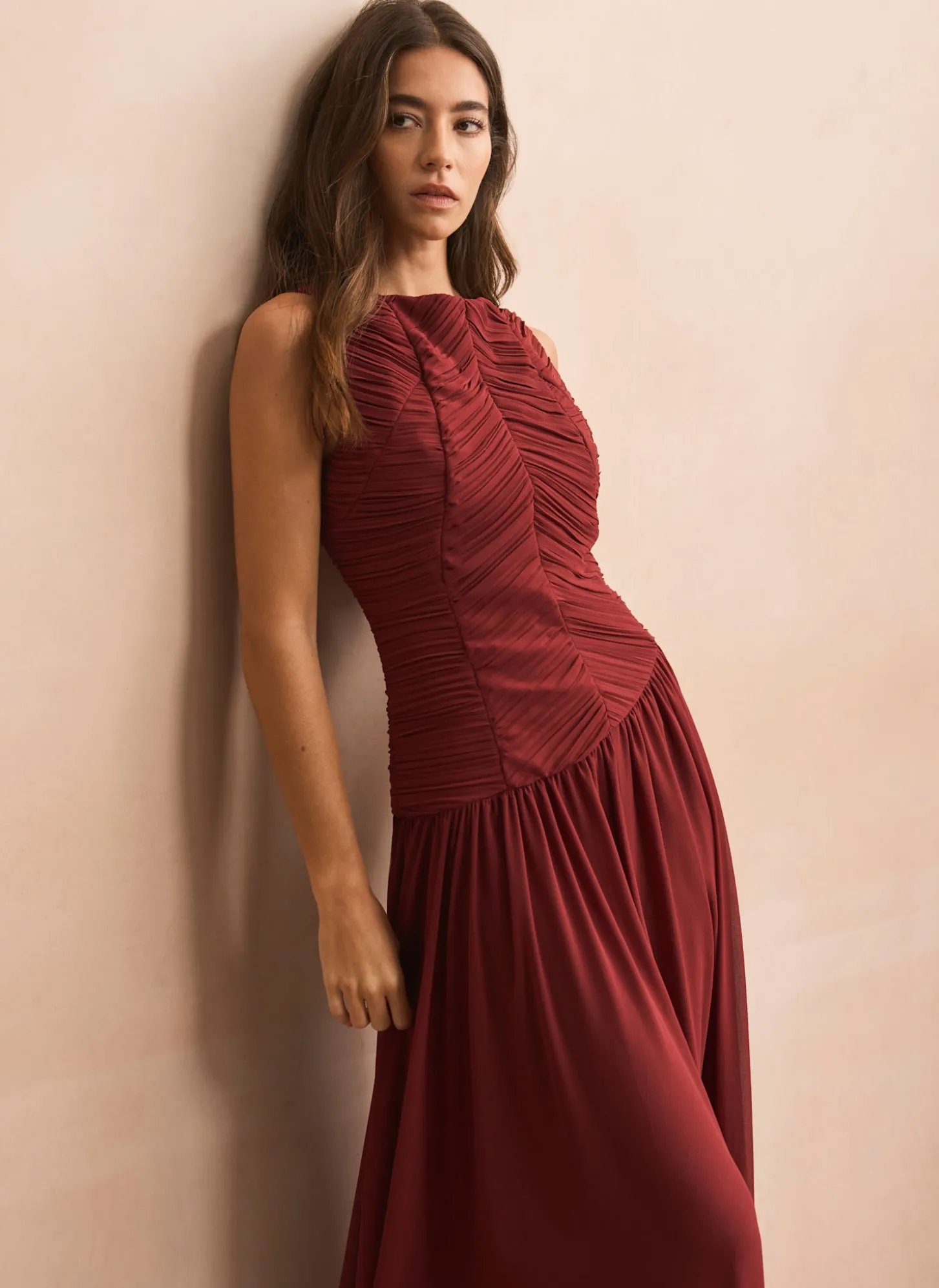 Burgundy Ruched Detail Maxi Dress