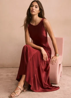 Burgundy Satin Panelled Maxi Dress