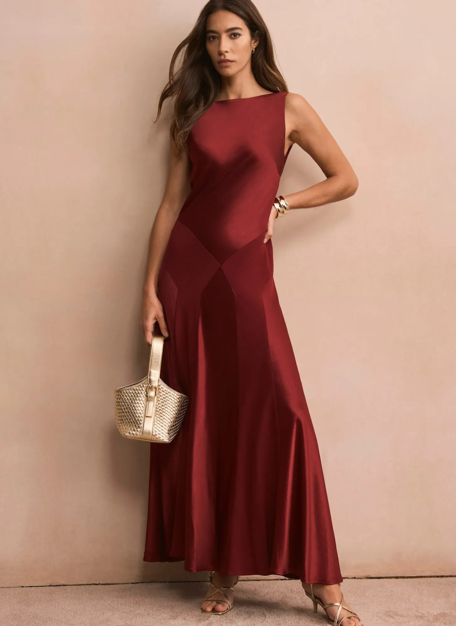 Burgundy Satin Panelled Maxi Dress
