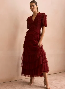 Burgundy Tulle Ruffle Maxi Dress