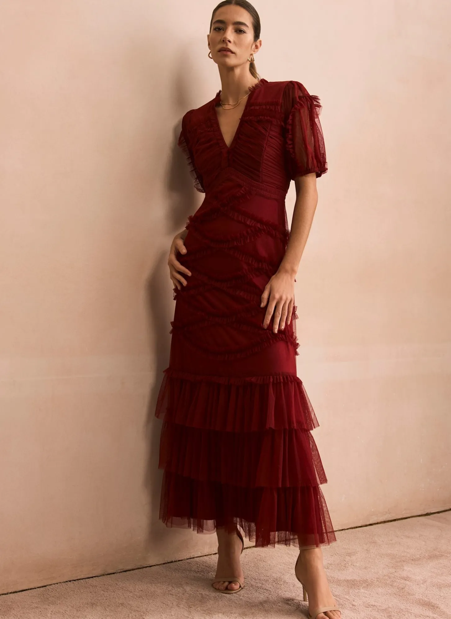 Burgundy Tulle Ruffle Maxi Dress