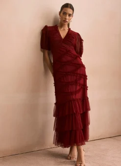Burgundy Tulle Ruffle Maxi Dress