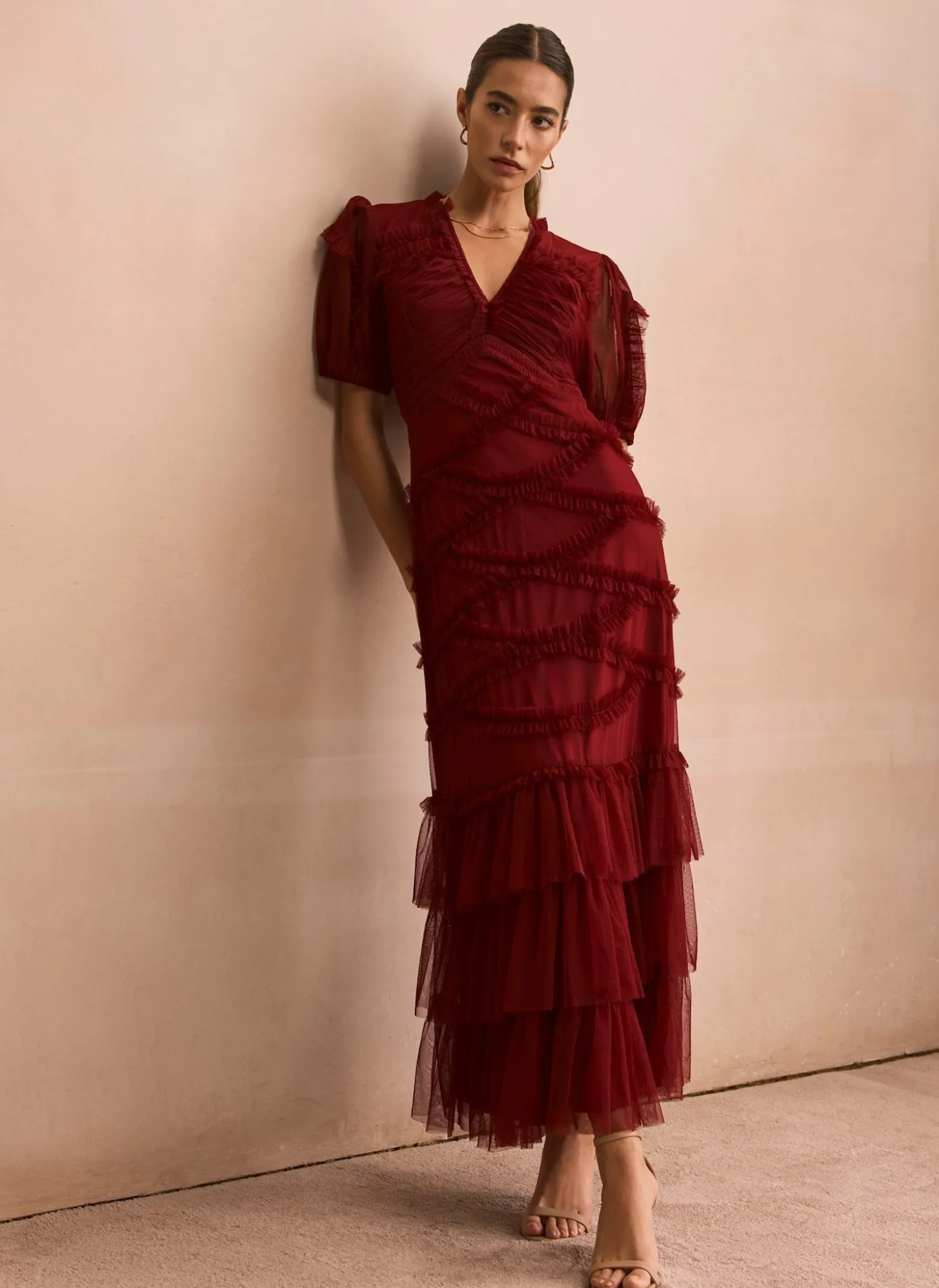 Burgundy Tulle Ruffle Maxi Dress