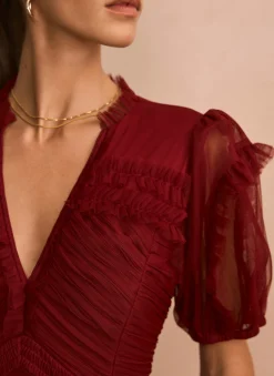 Burgundy Tulle Ruffle Maxi Dress