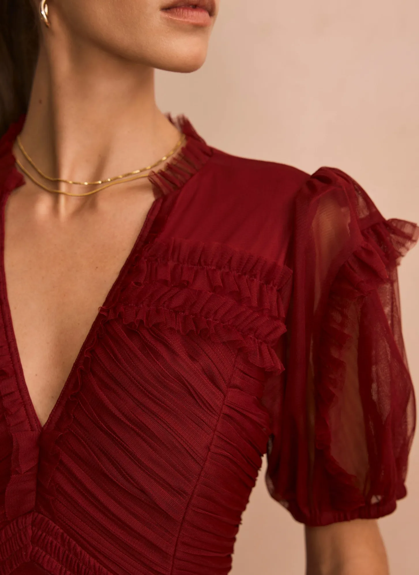 Burgundy Tulle Ruffle Maxi Dress