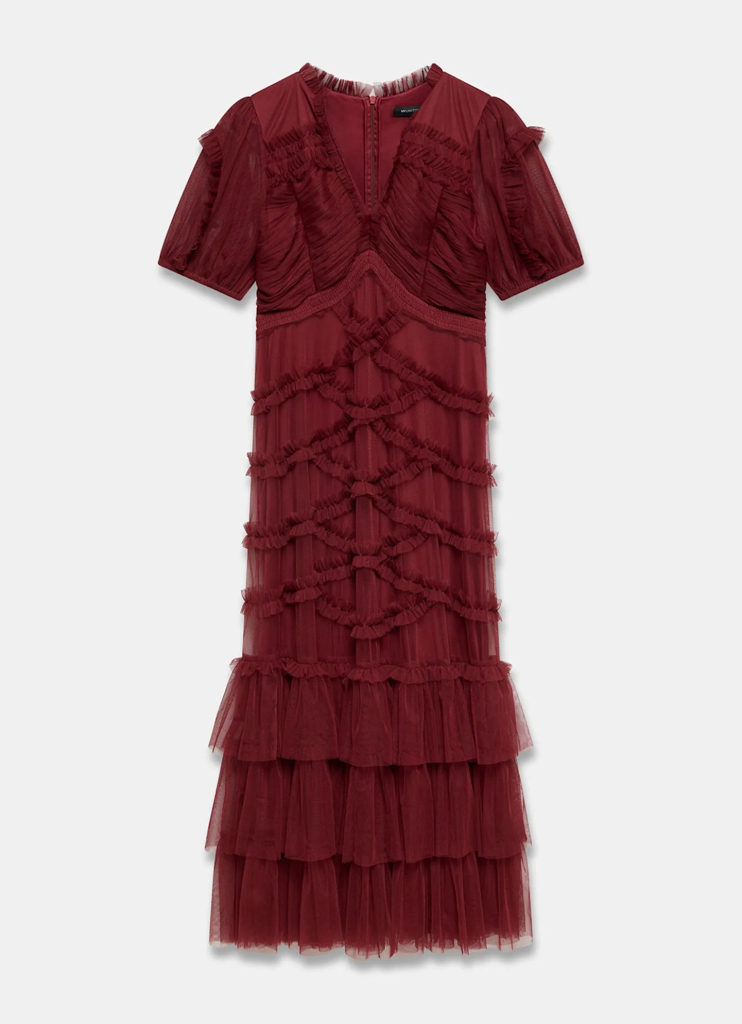 Burgundy Tulle Ruffle Maxi Dress