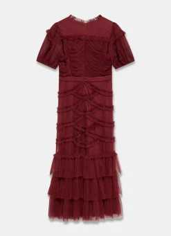 Burgundy Tulle Ruffle Maxi Dress