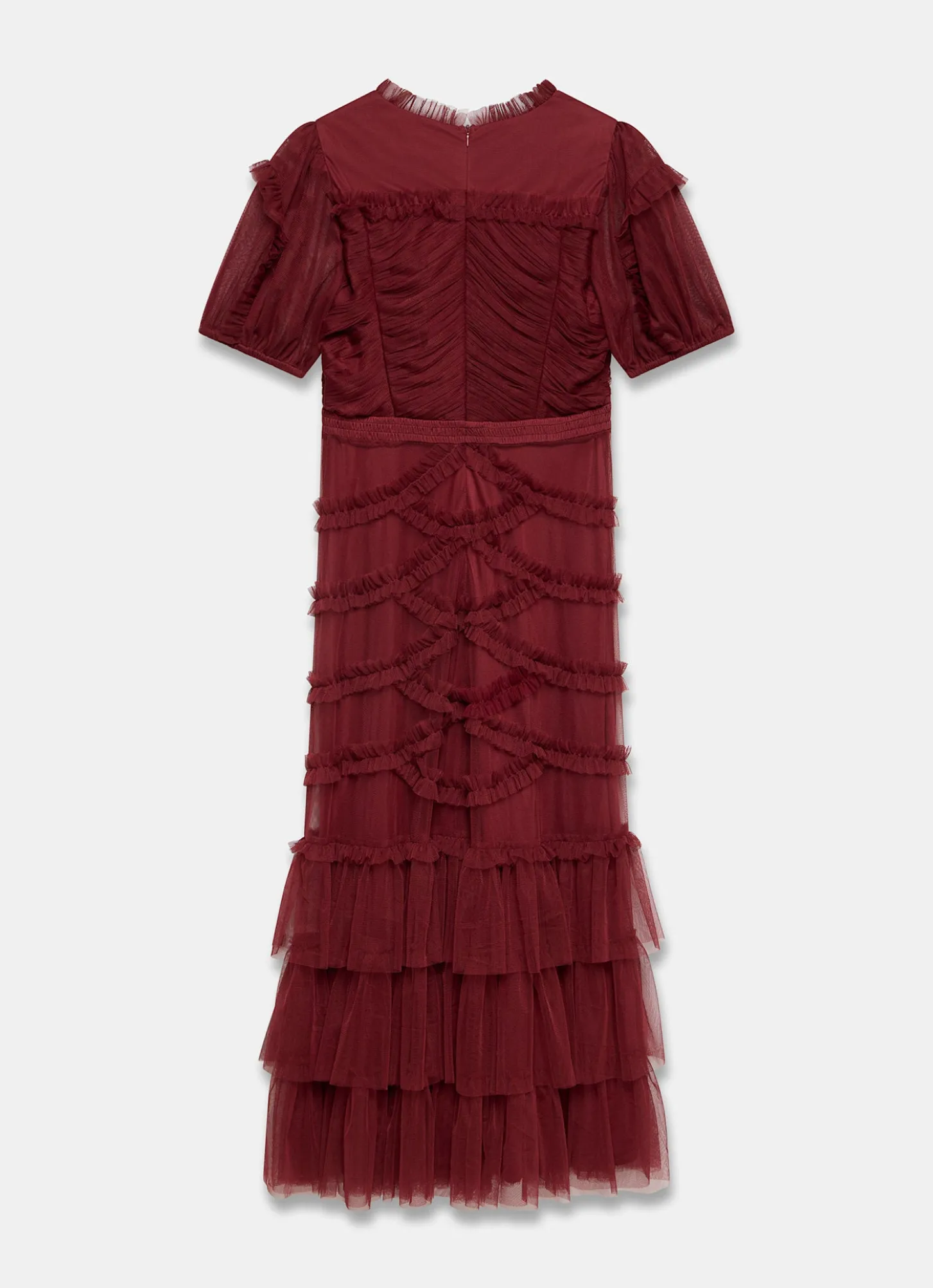 Burgundy Tulle Ruffle Maxi Dress