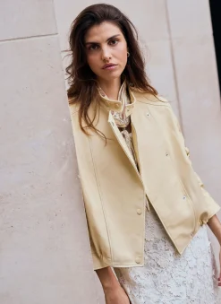 Butter Yellow Leather Cropped Pilot Bomber Jacket