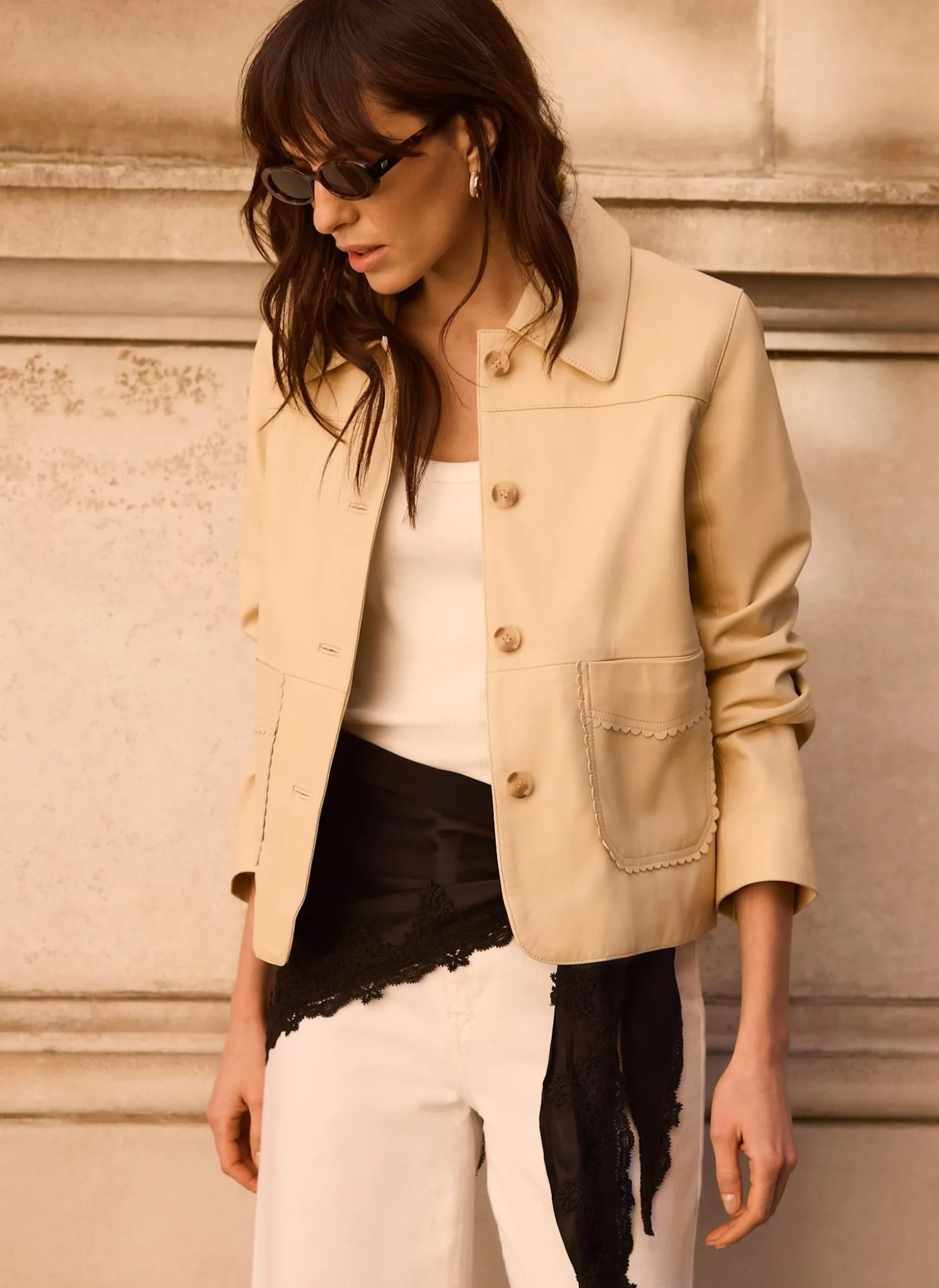 Butter Yellow Leather Scallop Detail Jacket