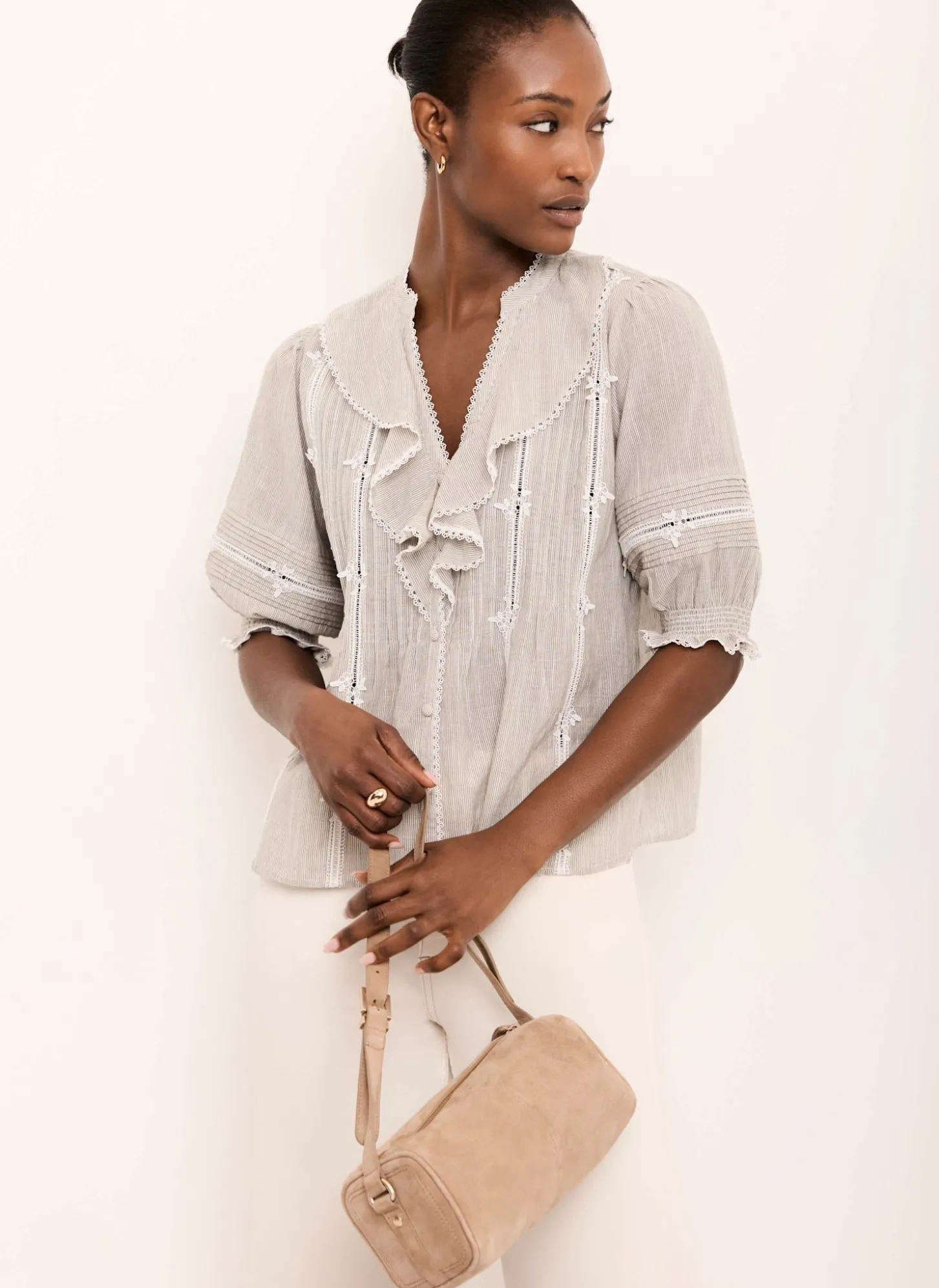Cotton Stripe Ruffle Blouse