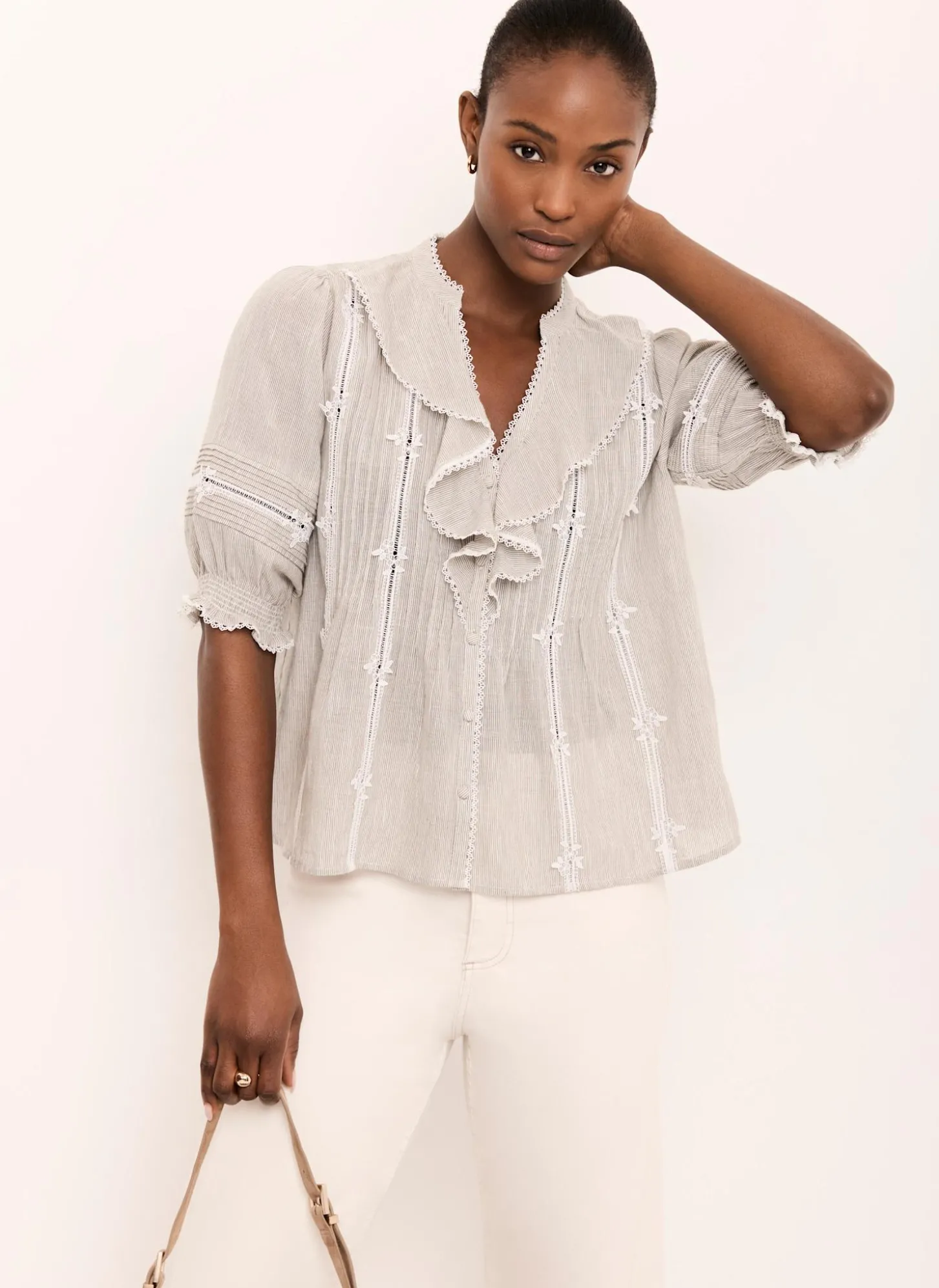 Cotton Stripe Ruffle Blouse