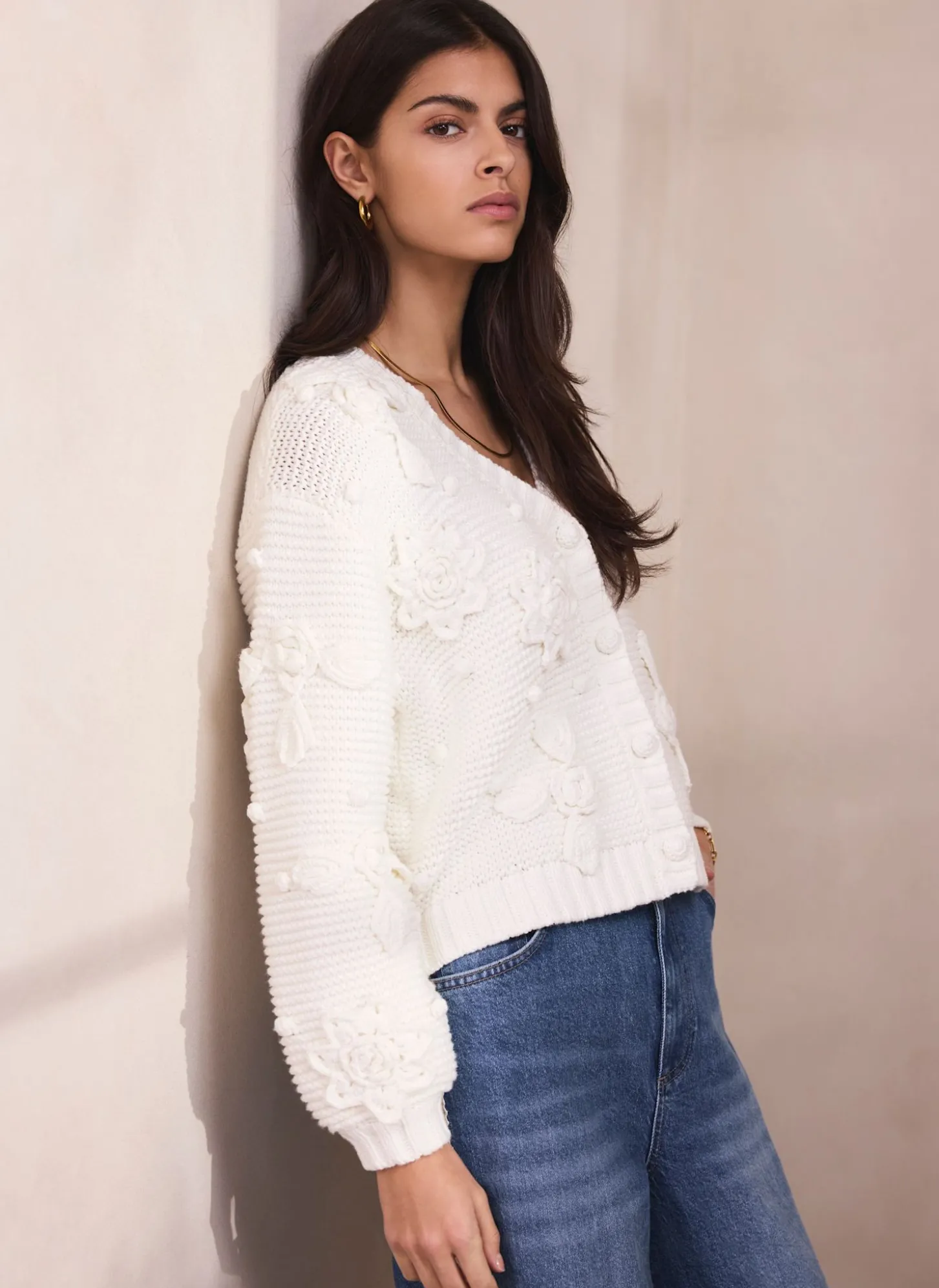 Cream Applique Flower Cardigan