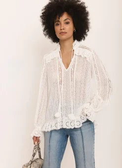 Cream Broderie Trim Longline Blouse
